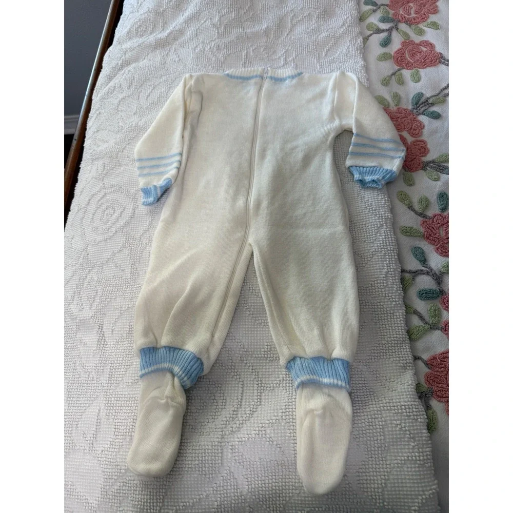 Carriage Boutiques Vintage Knit Train Footed Romper White Blue Boy One Piece
